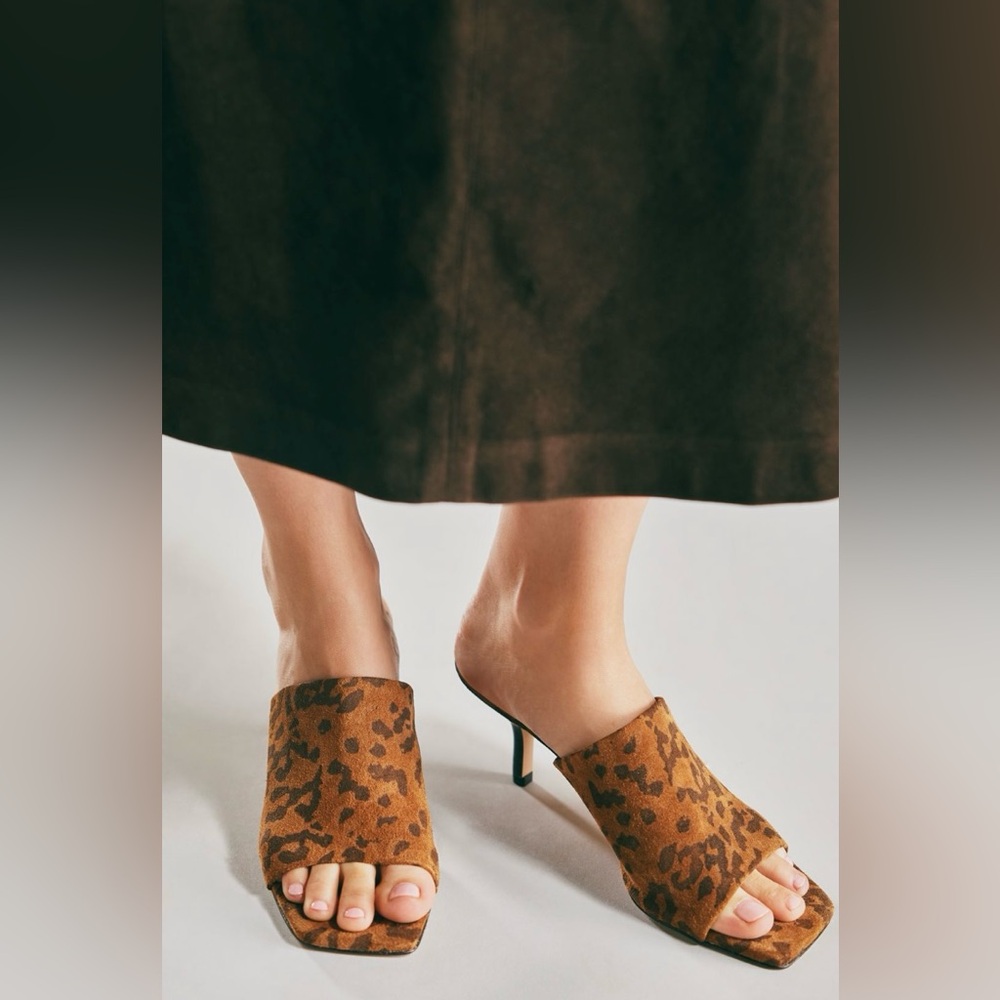 Anthropologie Square-Toe Heeled Mules In: Cheetah Suede
